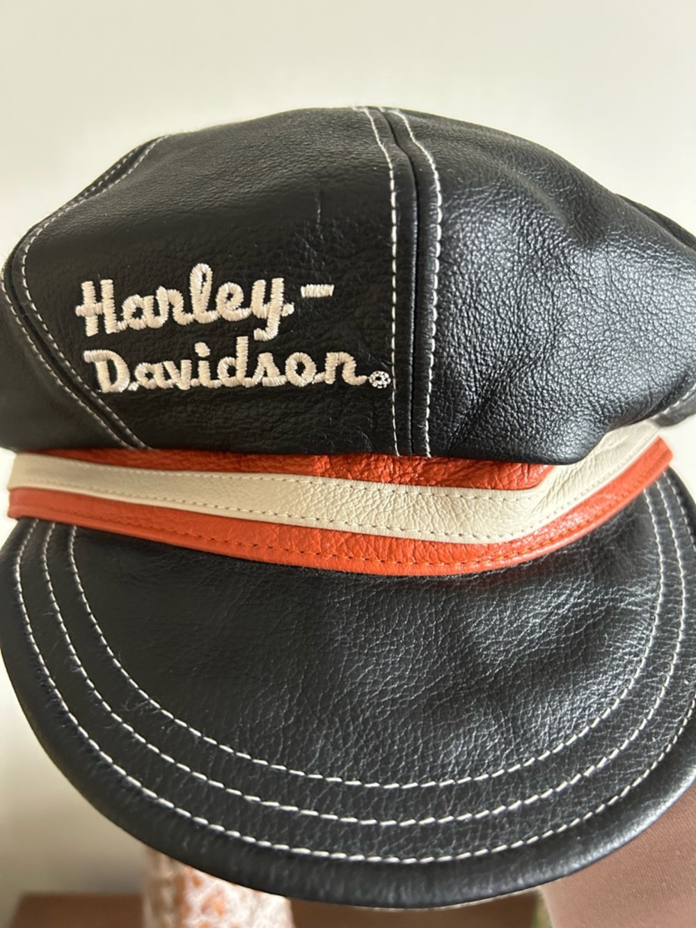 Harley-Davidson Black Leather Cap with Orange & Cream Stripes